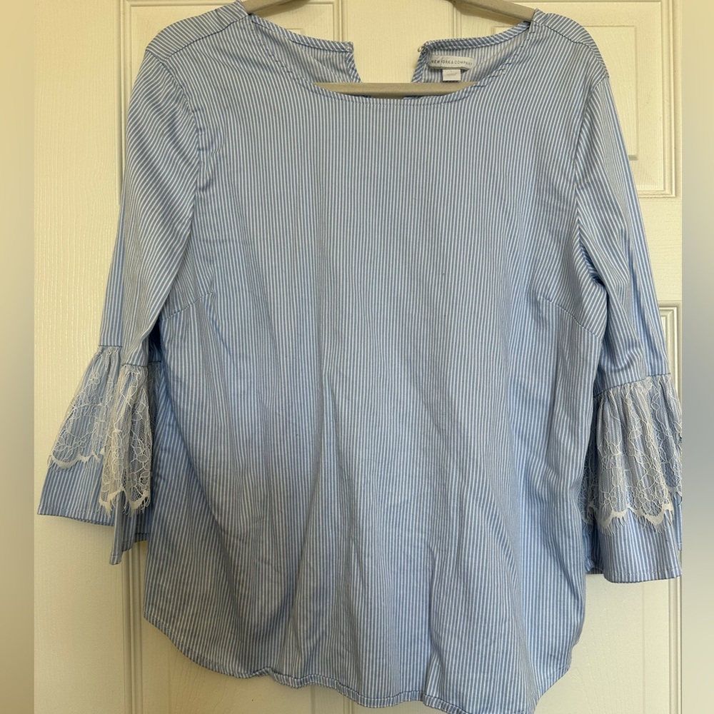 New York & Company Light Blue Striped Blouse with Lace Accents